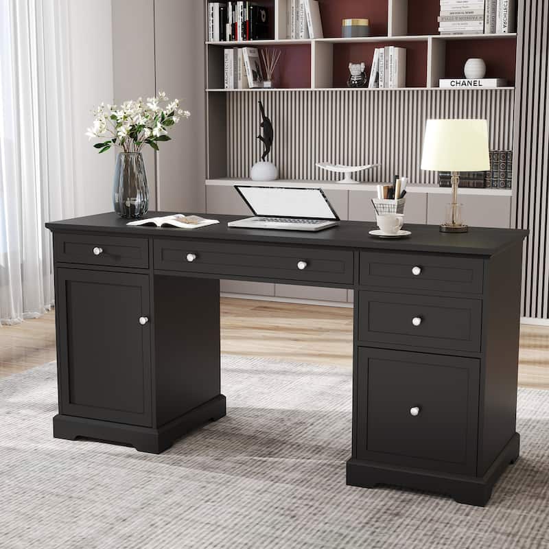 60W Black Pedestal Desk Office Desk with Drawers, File Cabinet