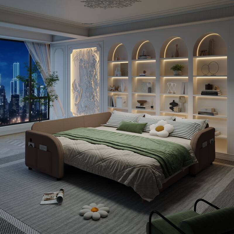 85.1" Teddy Upholstered Sofa with Pull-Out Bed and USB Port