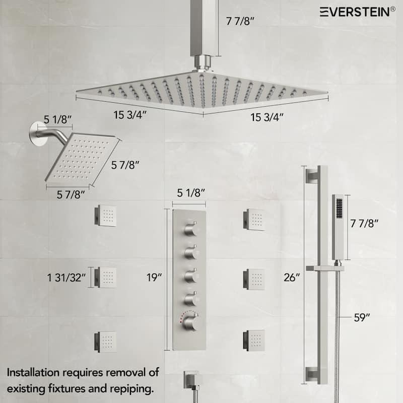 Thermostatic Rainfall Shower System with Handheld Spray, 16" & 6" Dual Shower Head and 6 Body Jets