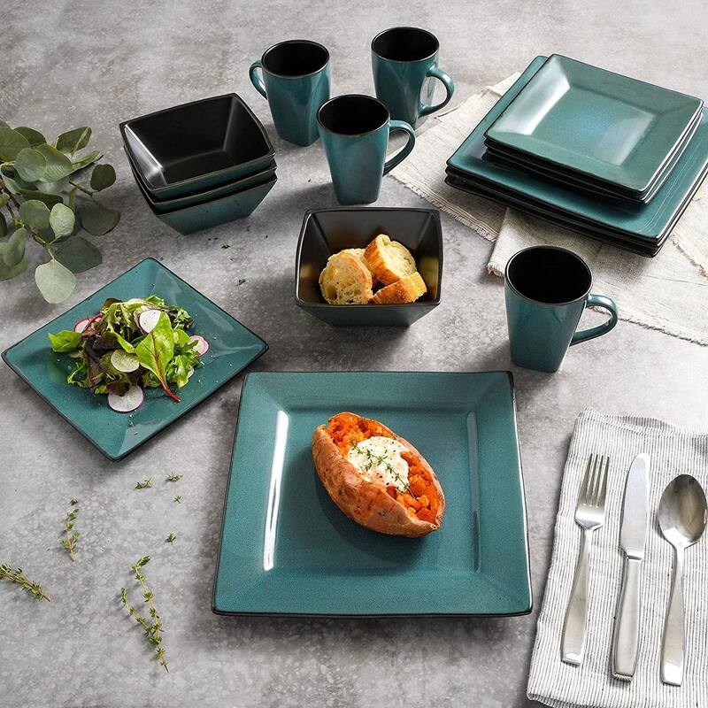 Gibson Elite Kiesling 16 Piece Plates, Bowls, & Mugs Dinnerware Set, Turquoise - 20 x 16 x 16 inches