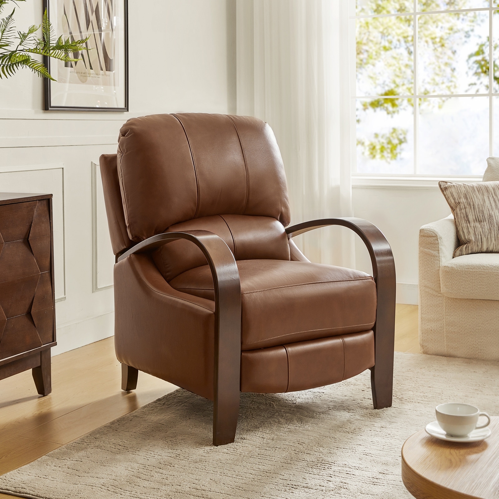 Alexandra Mid-Century Modern Genuine Leather Manual Recliner