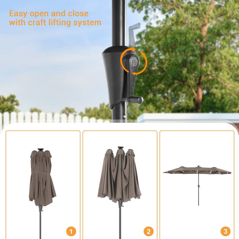 LIVOOSUN 13 x 7.2ft Large LED Double-Sided Rectangular Outdoor Patio Market Umbrella with Crank, Solar Panel, Navy Blue
