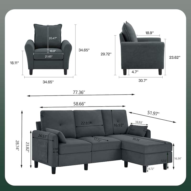 3-Pieces Sectional Sofa Set with Ottoman and Chair