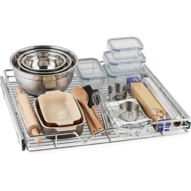 Pull Out Cabinet Drawer Organizer, Heavy Duty- Steel Metal- Chrome Finish - 20"W x 21"D
