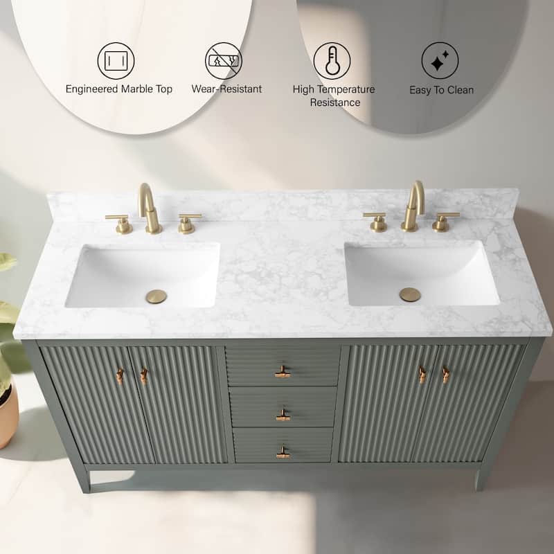 Vanity Art 60" Double Sink Bathroom Vanity Cabinet with Engineered Marble Top