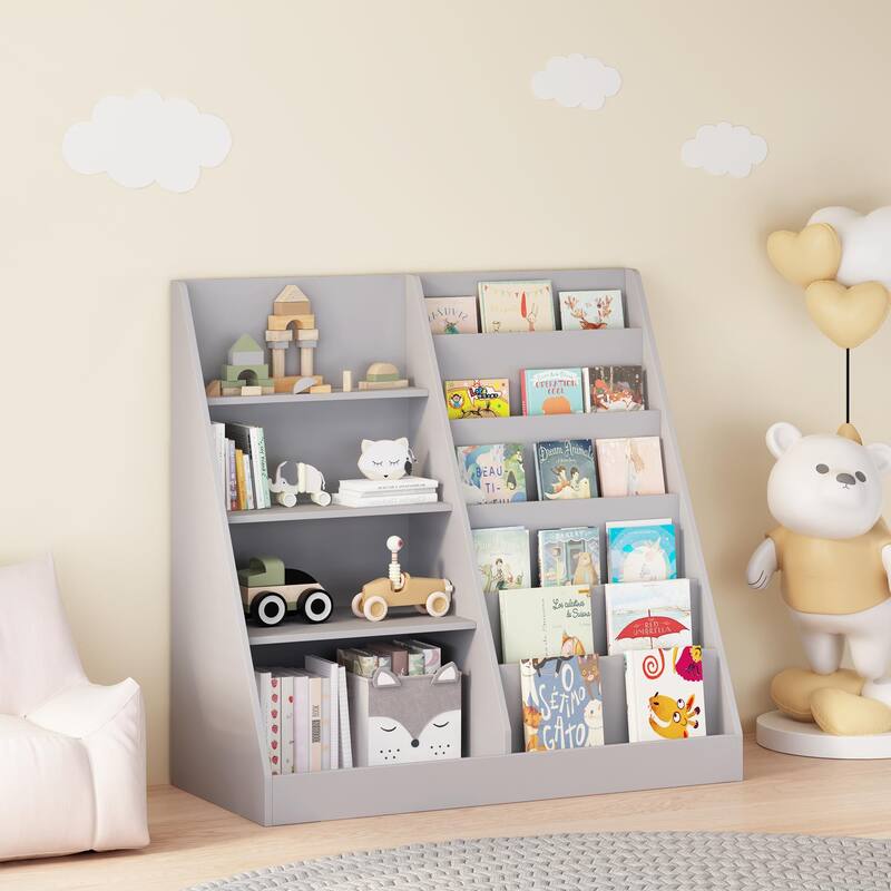 Kids Bookshelf and Toy Storage Organizer, Multifunctional 4 Tier Wooden Kids Book Shelf with Bookcase Display Stand