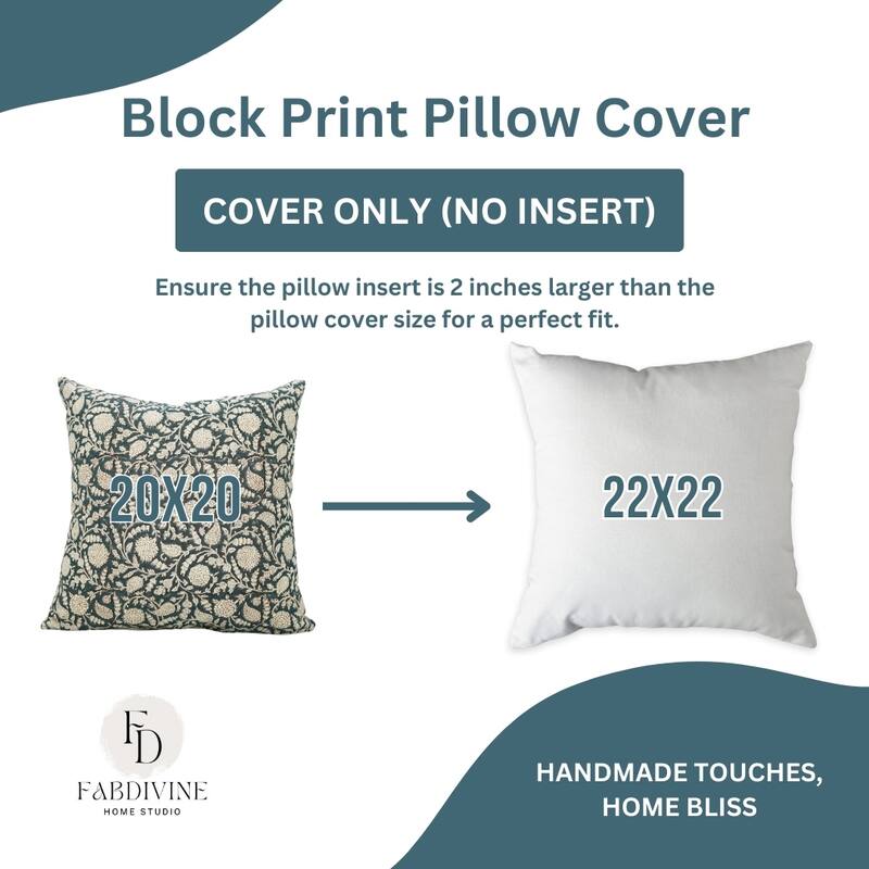Fabdivine Handmade Dark Blue Block Print Cushion Cover Floral Linen for Living Room Sofa Chair Hotel, Home Decoration, Gopi