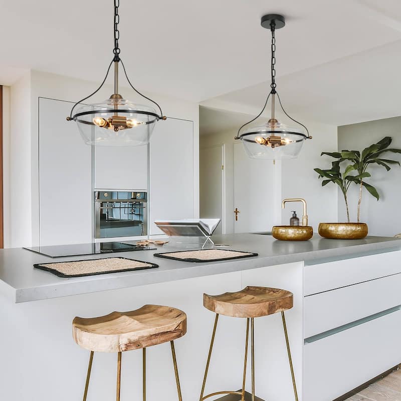 Modern Farmhouse 3-Light Black Gold Glass Chandelier Light Pendant Lights for Kitchen Island - Black and Gold