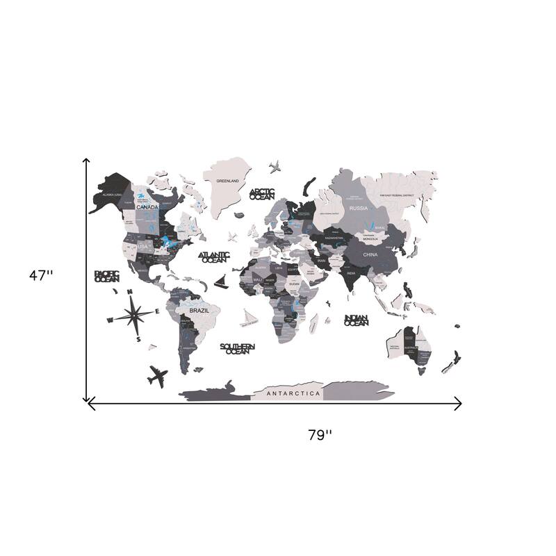 HomeRoots 47" X 79" Black Gray and White Wood World Map Hanging Dimensional Sculpture