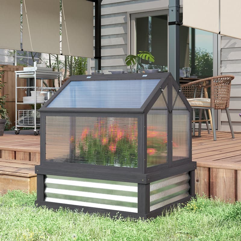 Outsunny Raised Garden Bed with Polycarbonate Greenhouse, Garden Wooden Cold Frame Greenhouse