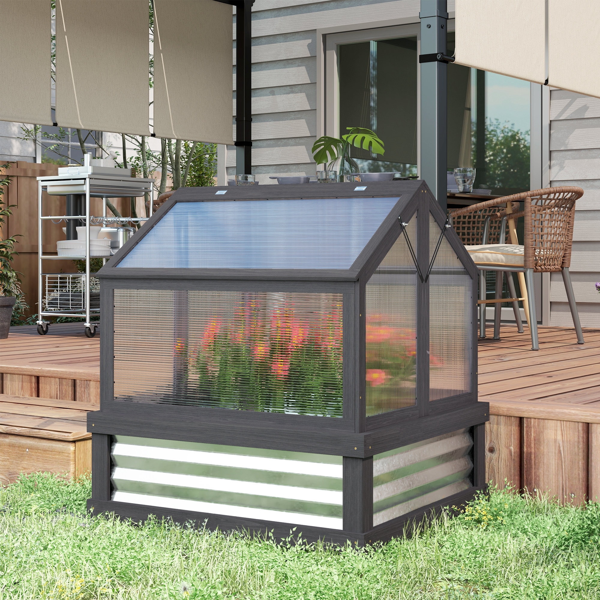 Outsunny Raised Garden Bed with Polycarbonate Greenhouse, Garden Wooden Cold Frame Greenhouse