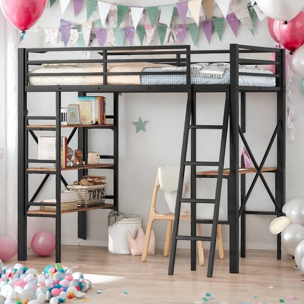 slide 2 of 10, Twin Size Metal Loft Bed with Shelves and Desk, Space-saving, Black Black