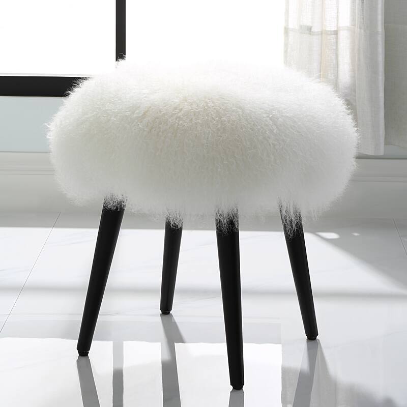 Sheepskin Accent Stool With Tapered Legs 18.5" Matte Black and White