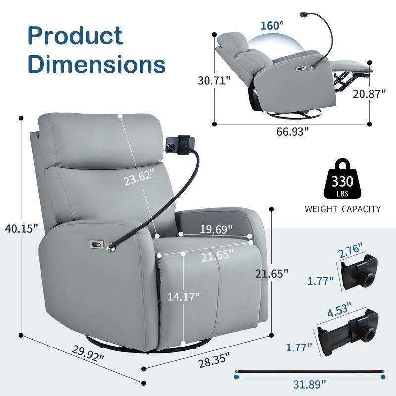 PU Power Swivel Recliner Chair with 270° Rotation, Electric 95-160° Recline and Dual USB Ports - 330lb Capacity