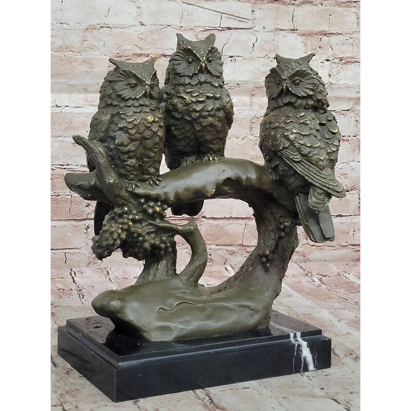 Bronze Owl Trio Sculpture – Wise Owls On Branch Statue Decor