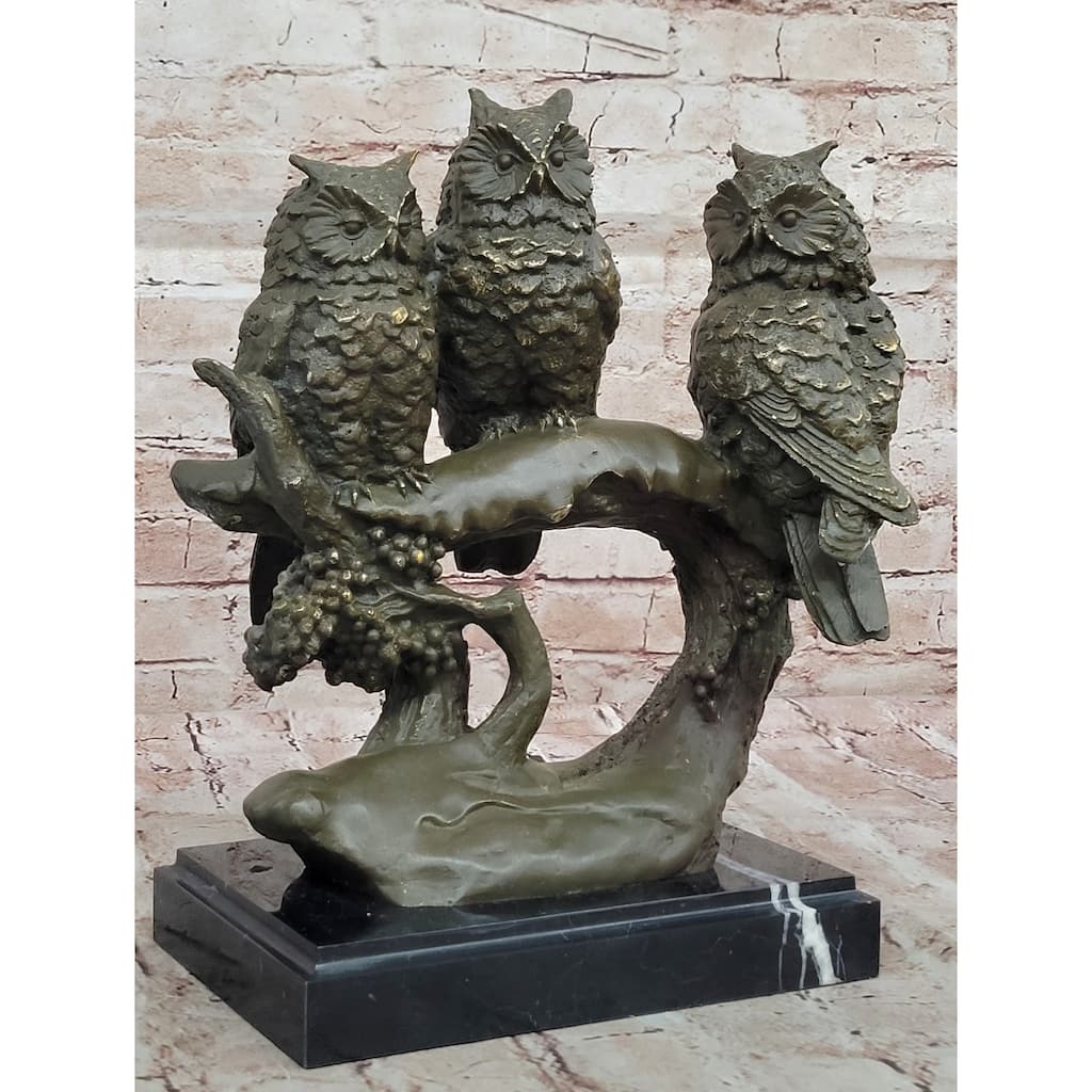 Bronze Owl Trio Sculpture – Wise Owls On Branch Statue Decor