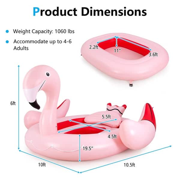 6 People Inflatable Flamingo Floating Island with 6 Cup Holders for Pool and River - 10' x 10.5' x 5.5' (L x W x H)