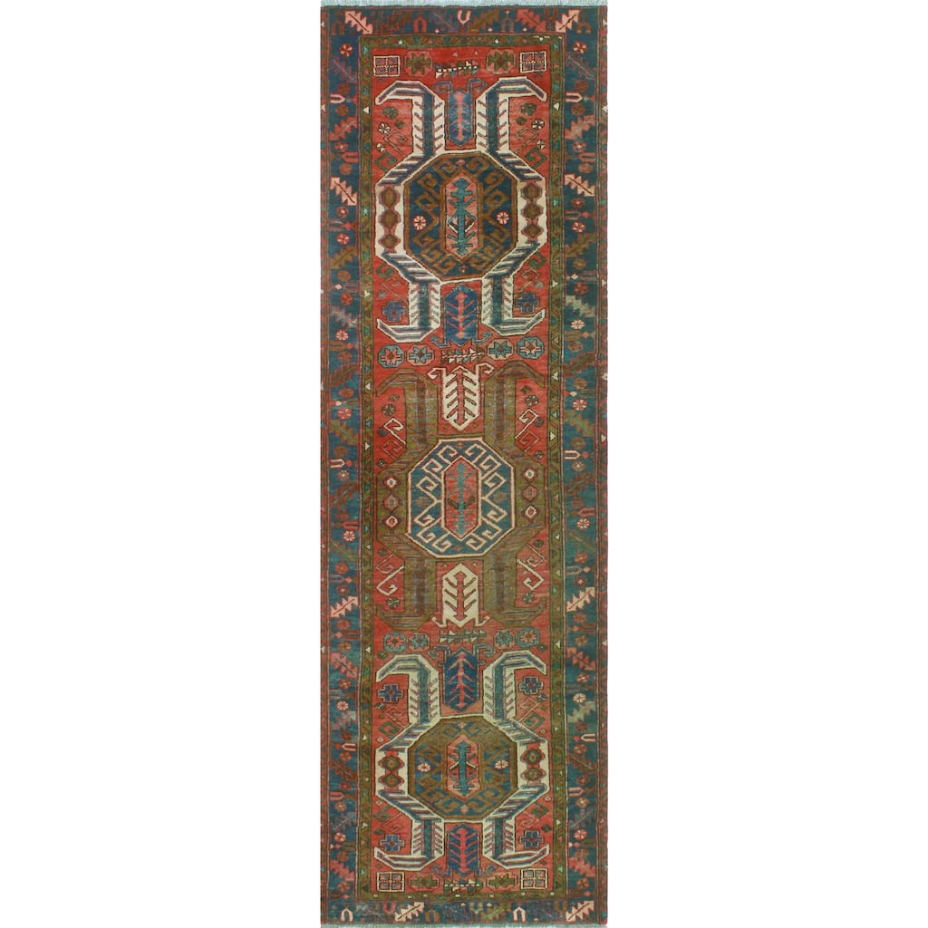 Fine Vintage Distressed Ferne Red/Navy Runner - 3'2" x 9'8"