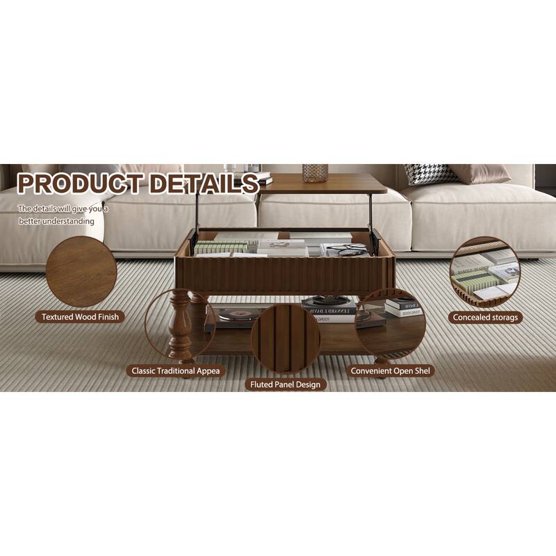 Roomfitters 31.5" Square Lift Top Coffee Table, Fluted Storage Center Table with Hydraulic Mechanism and Solid Wood Legs