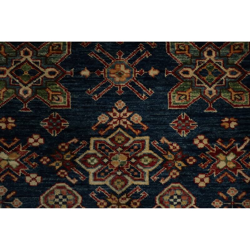 Hand Knotted Oriental 100% Wool Carpet Traditional Geometric Navy Blue & Blues Kazak Area Rug - 6' 0'' X 4' 0''