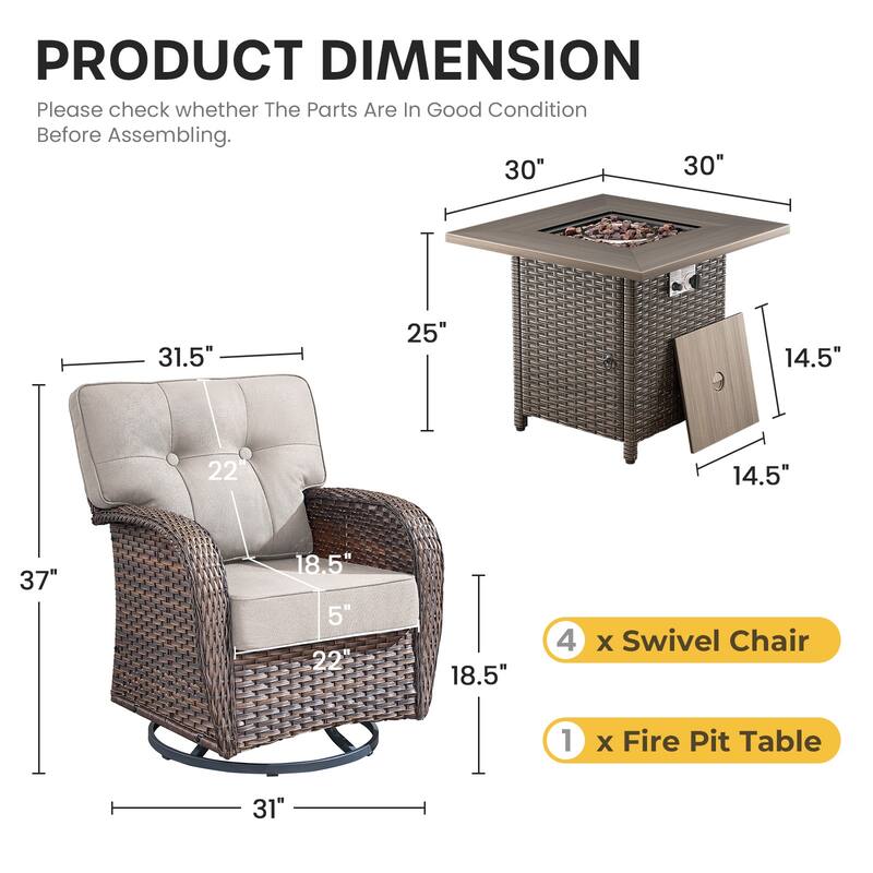 Gymojoy 5-Piece Outdoor Wicker Patio Furniture Set with 55,000 BTU Fire Pit Table, Swivel Chairs & Thick Cushions