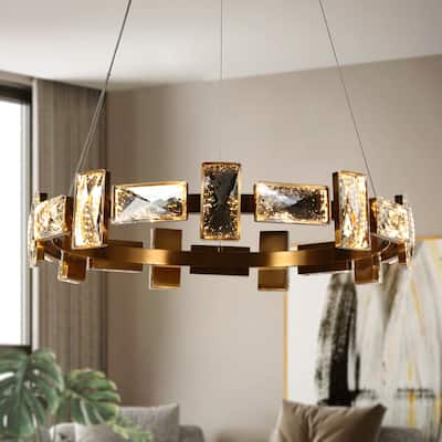 Modern 1-Light LED Crystal Drum Chandelier Glam Gold Ceiling Lights for Dining Room - D 26" x H 65.7" Max