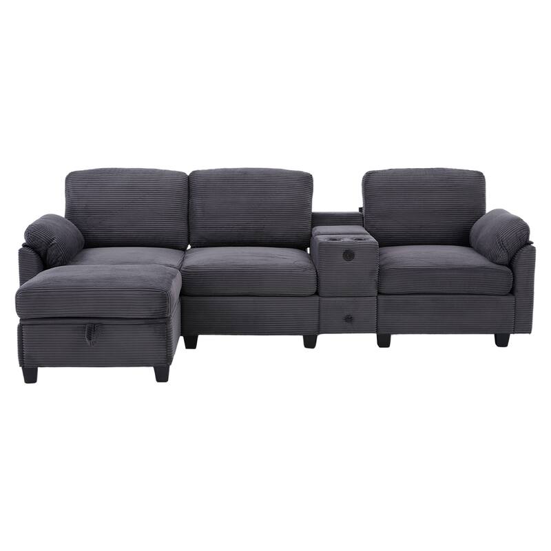 HOMEFUN Corduroy Upholstered L-Shaped 4-seater Storage Multifunctional Sectional Sofa with Storage Ottoman,Cup Holder and USB