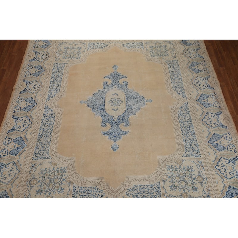 Hand Knotted Oriental 100% Wool Carpet Traditional Medallion Peach Kerman Area Rug - 13' 7'' X 10' 5''
