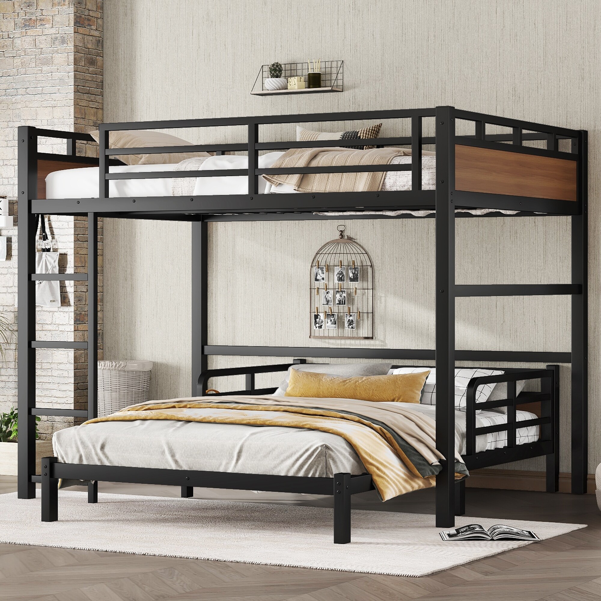 Full over Full Metal Bunk Bed with Security Fence and Convertible Design