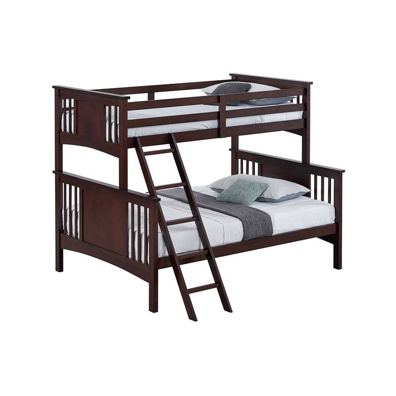 Modern Twin Over Full Bunk Bed with Ladder in Dark Walnut Finish