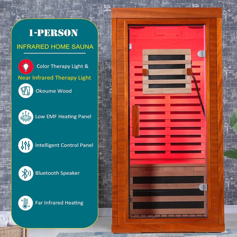 One Person Indoor Low EMF Infrared Sauna Okoume Wood with Bluetooth Red Light Therapy - N/A