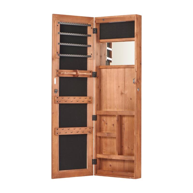 Solid Wood Jewelry Armoire Organizer Cabinet with Full-Length Mirror, 47.5x14.3 in Wall-Mounted Lockable with LED Light