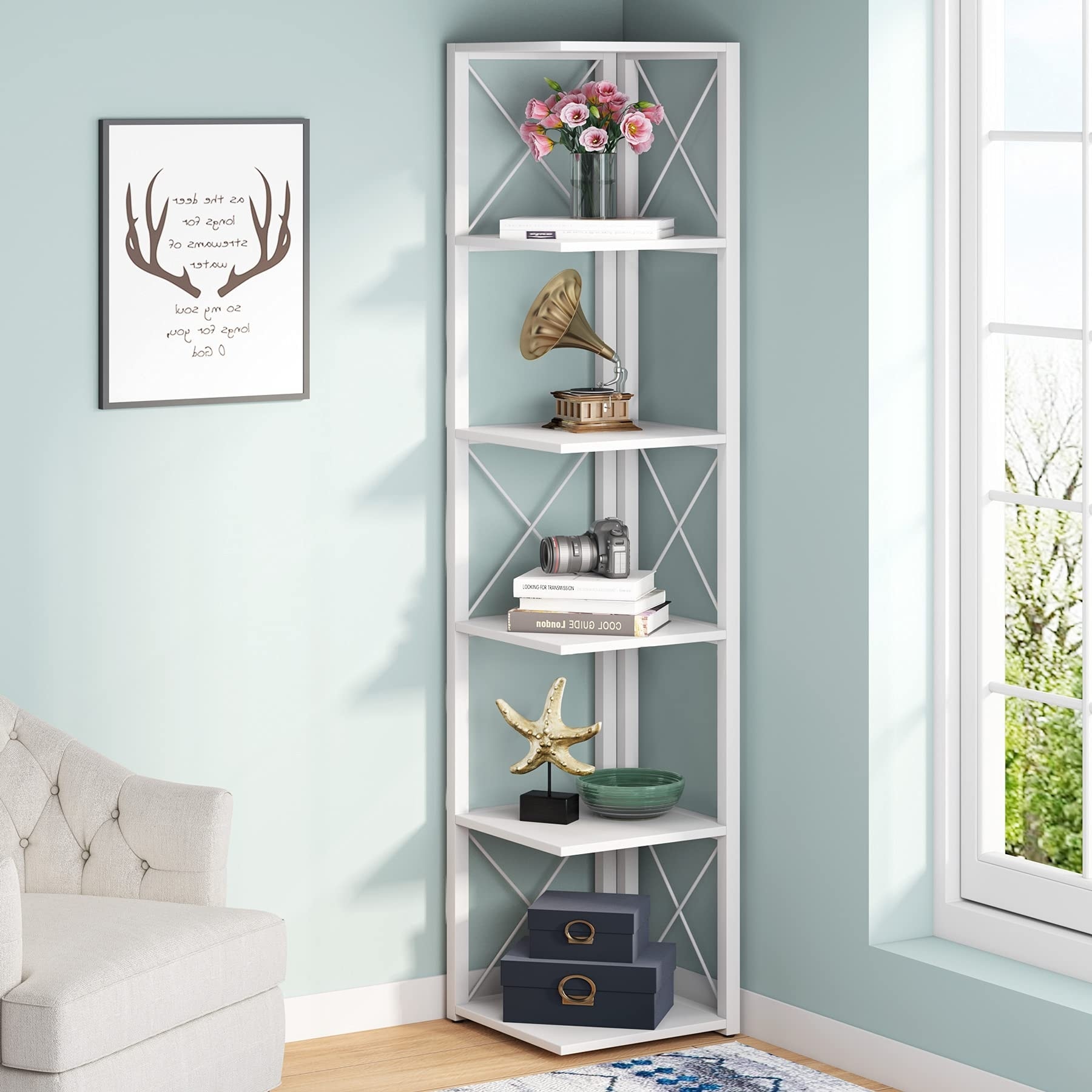 6 Tier Corner Shelf 70.8 Inch Tall Corner Bookshelf Etagere Bookcase for Living Room