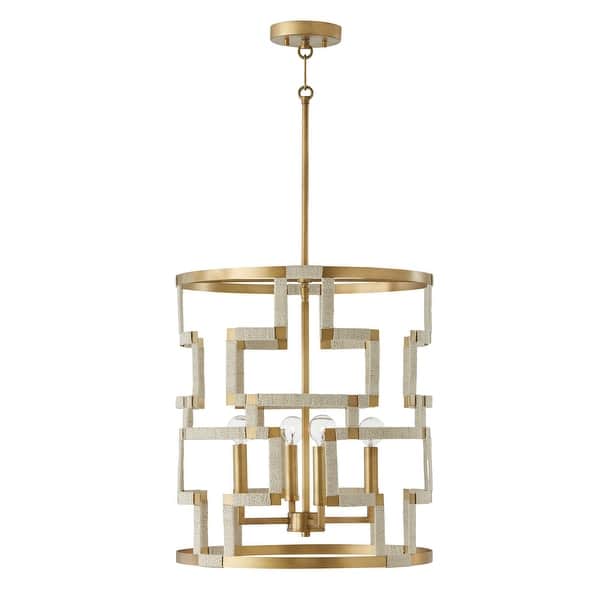 slide 2 of 4, Hala 18.25" 4-light Patinaed Brass/ Bleached Natural Jute Foyer Pendant