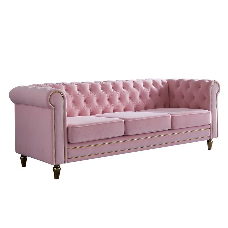 Modern Chesterfield Couch with Button Tufting, High-Density Foam & Gold Accents - 85'' Wide