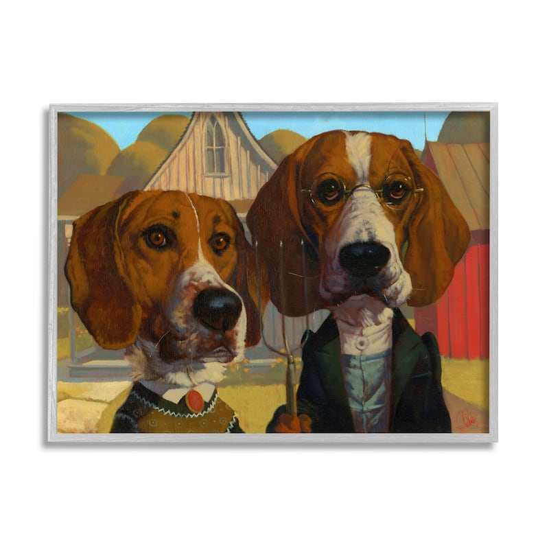 Stupell Basset Hound American Gothic Farm Pet Parody Framed Wall Art - Brown