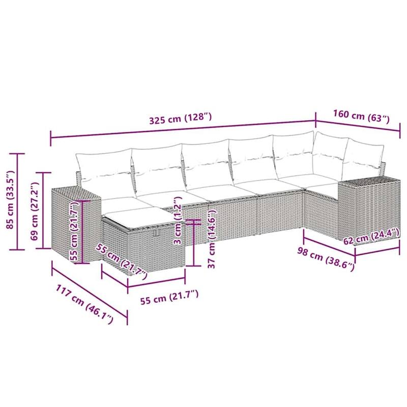 vidaXL 7 Piece Patio Sofa Set with Cushions Black Poly Rattan - 21.7 x 24.4 x 27.2