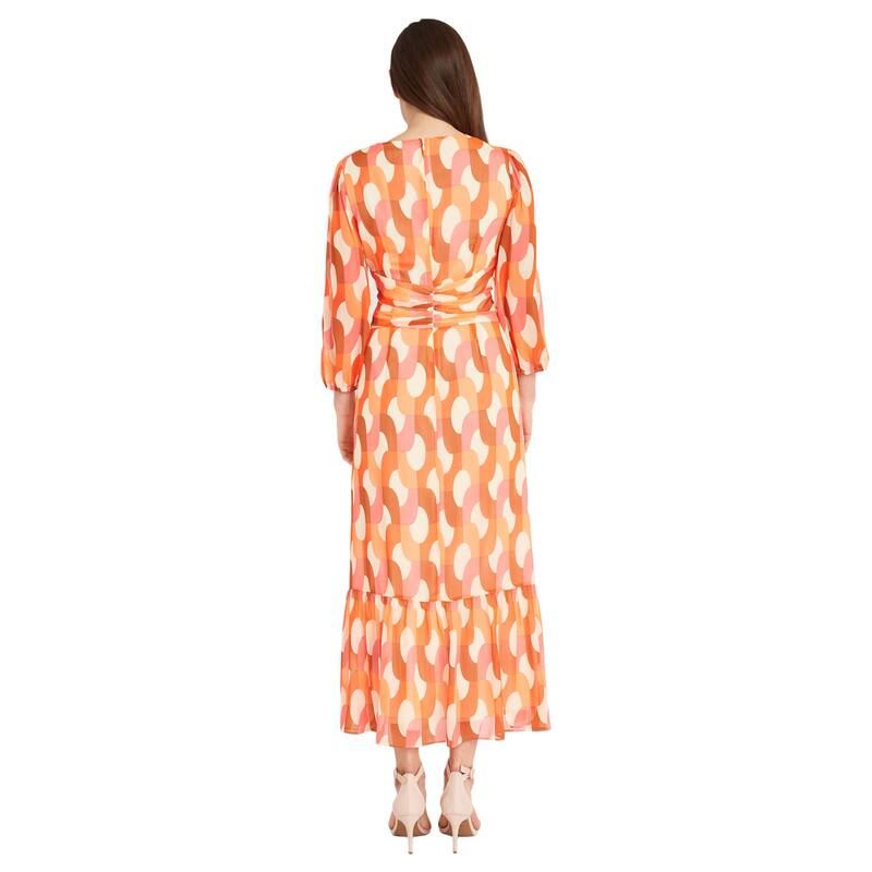 Donna Morgan V-Neck Three Quarter Sleeve A-Line Maxi Dress With Twist Waist And Ruffle Hem