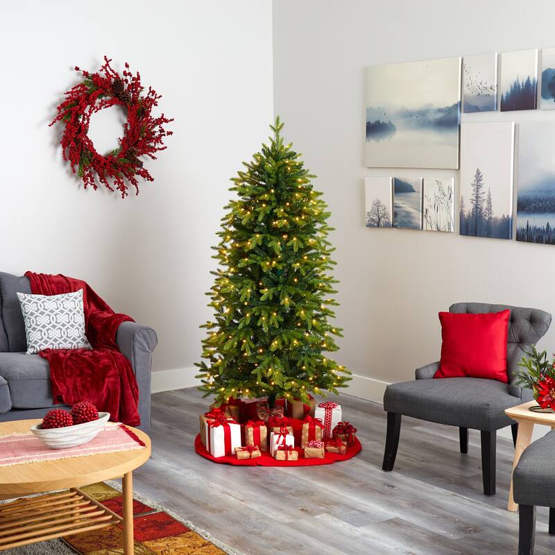 6’ Pre-Lit Belgium Fir Artificial Christmas Tree, Warm Clear LED Lights - 6 Foot
