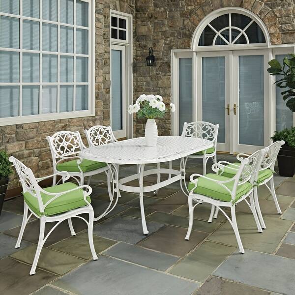 slide 2 of 6, Sanibel White Cast Aluminum 7- Piece Outdoor Dining Set with an Oval table, Six Armchairs and FREE cushions by Homestyles