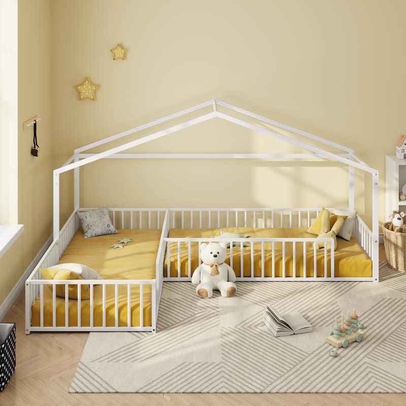 Twin Size L-shaped Corner Montessori Bed with Fence, Metal House-shaped Bed Frame, Without Slats, Floor House Bed for 2 Kids