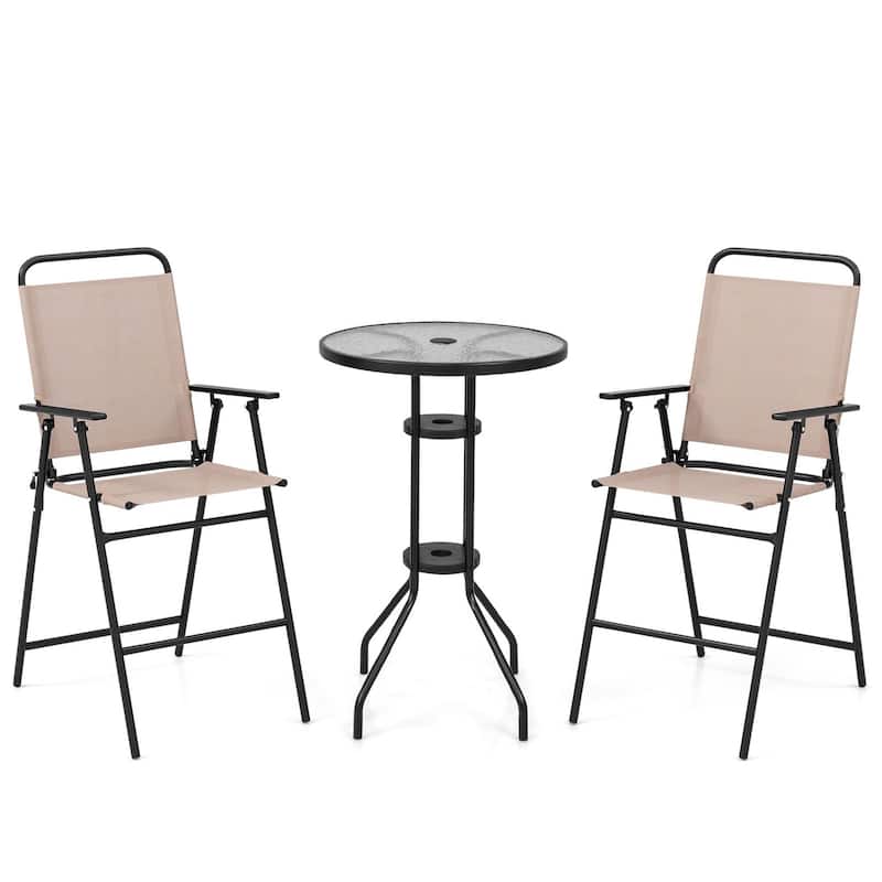 3 PCS Outdoor Bistro Set Patio Bar Table with 2 Folding Chairs - Beige