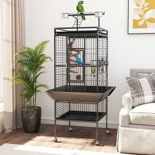 Image showcasing 61''H Wrought Iron Bird Cage with Rolling Stand, Bottom Tray, PlayTop ...