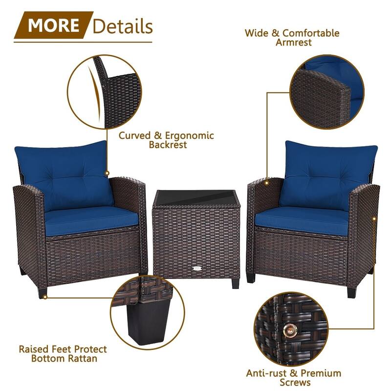 3 Pieces Rattan Patio Furniture Set with Washable Cushion - Chair: 26.5" x 26.5" x 30"