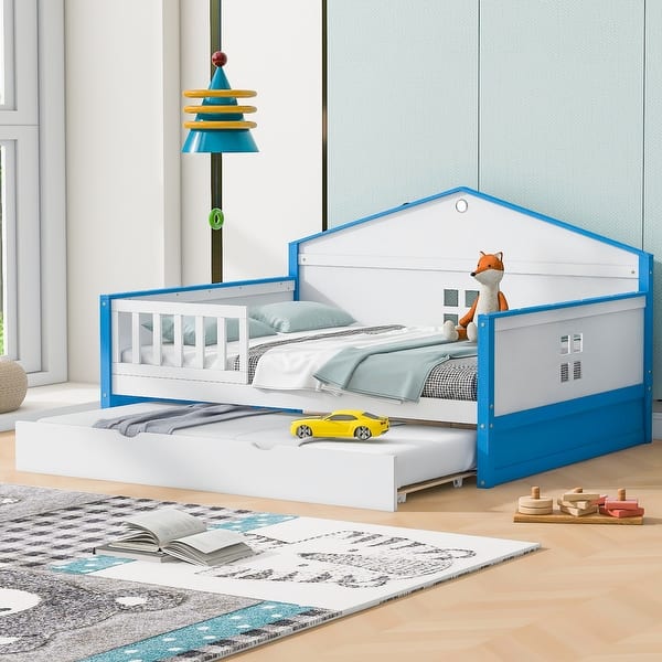 slide 2 of 28, Roomfitters Full size Wooden Daybed with Trundle and sensor light Blue