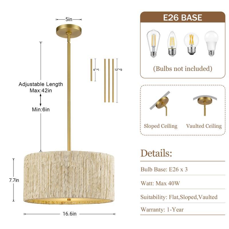 LamQee Rattan Kitchen Island Chandelier Corn Rope Woven Pendant