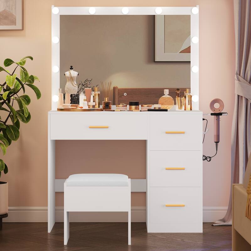 Moasis White Vanity Desk Set with Lighted Mirror Charging Station and 4 Large Drawers - 15.74"D x 35.43"W x 53.54"H