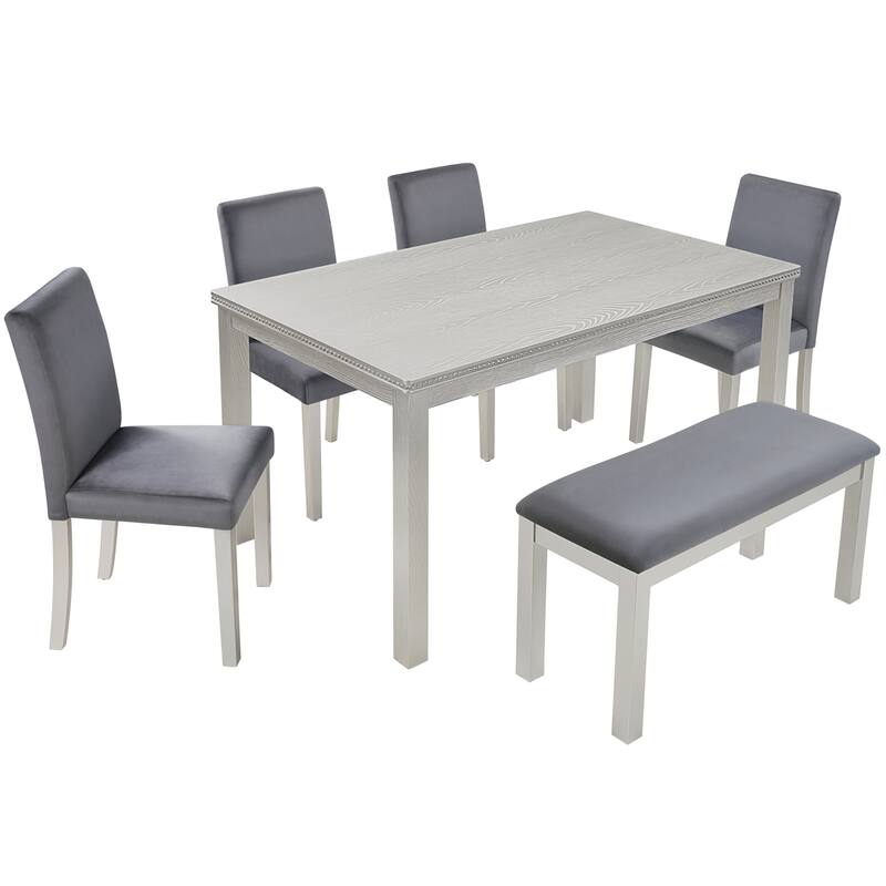 6 Piece Wooden Dining Table Set with 4 Upholstered Chairs and Bench for 6 People