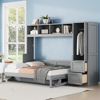 Full Size Murphy Wall Bed Frame with Closet and Drawers Space-Saving Design for Kids Boys&Girls