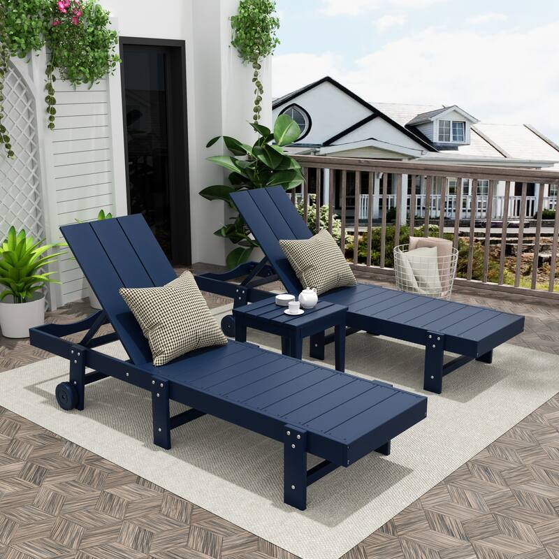 Polytrends Shoreside Modern Poly Eco-Friendly All Weather Reclining Pool Chaise Lounge With Wheels and Side Table (3-Piece Set)